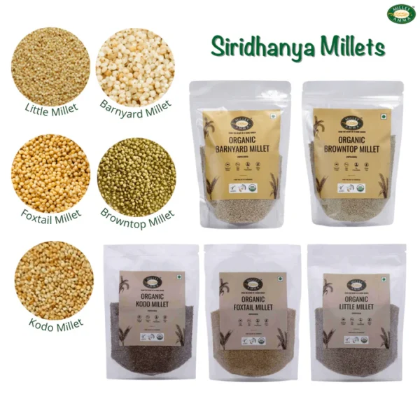 Siridhanya Grain Combo Organic Millet Pack of 5 (5kg-Each 1kg) | Positive Millets due to its balanced Nutritional Profile | Kodo , Foxtail, Little, Barnyard , Browntop Millets - Image 2