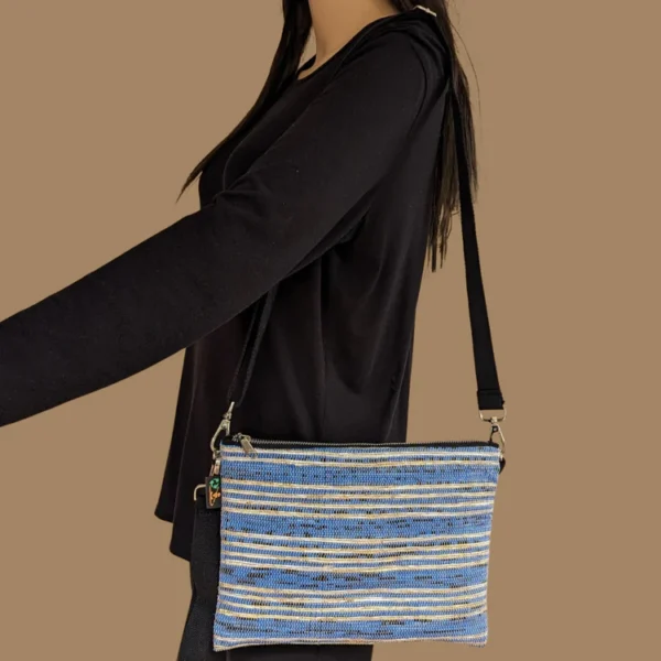 Blue Black White Golden Stripes Upcycled Handwoven Sling Bag (SI0624-017) PS_W