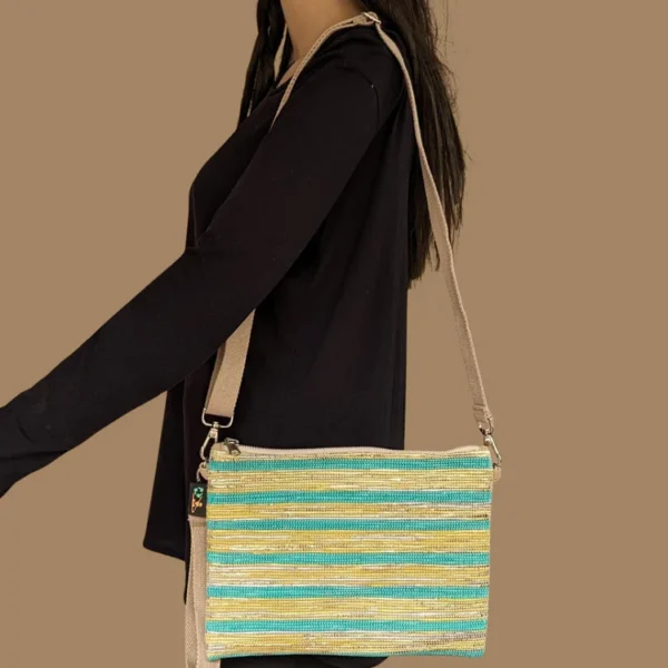 Shimmery Yellow and Green Striped Upcycled Handwoven Sling Bag (SI0624-019) PS_W Regular price