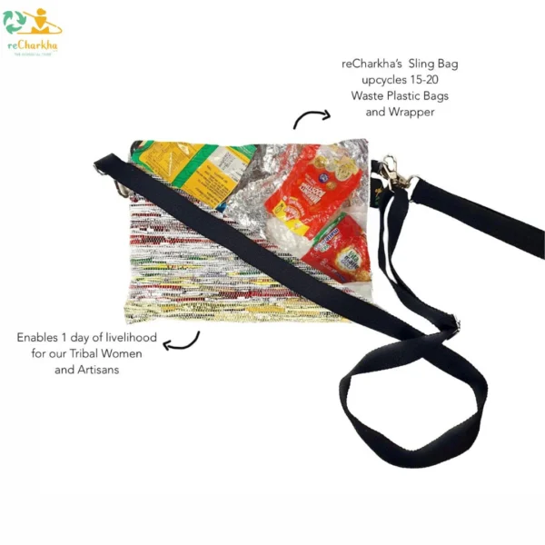 Shimmery Yellow and Green Striped Upcycled Handwoven Sling Bag (SI0624-019) PS_W Regular price - Image 3